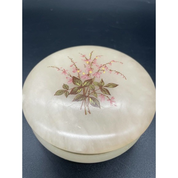 Vintage Alabaster Trinket Box Hand Painted Flowers Jewelry Box Made In Italy - Picture 7 of 7